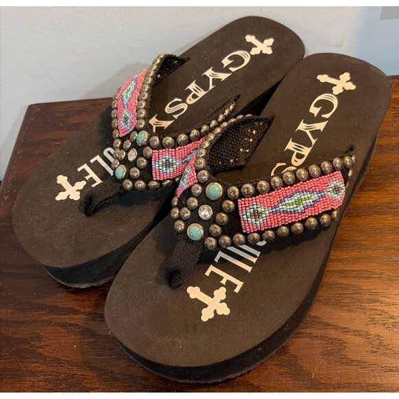 Womens Gypsy Soule Black Wedge Flip Flops Beaded Pink & Turquoise Strap Sz 9 - Picture 2 of 8